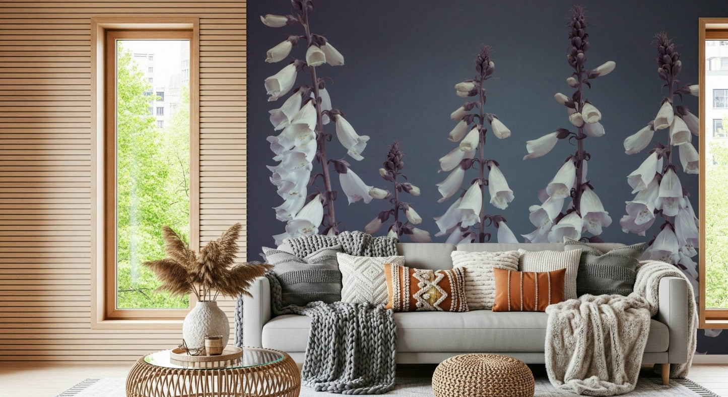 Foxglove Fantasy Wall Mural, tall white digitalis flowers on a gray background.