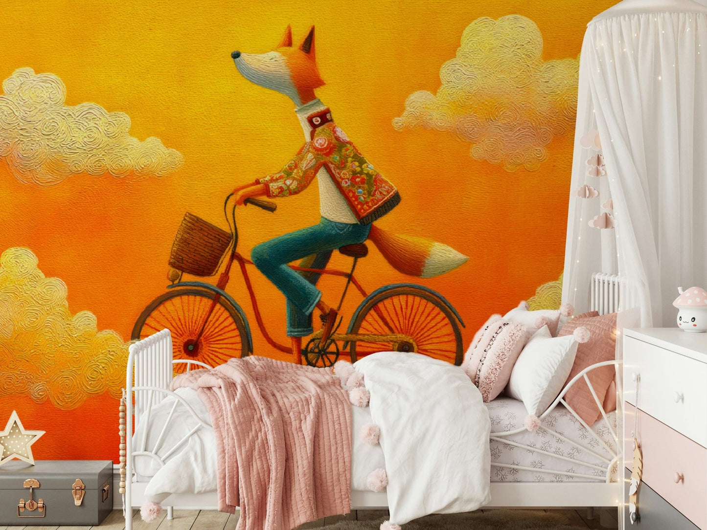 Whimsical bike-riding fox details make this Girl room wall mural feel full of joy