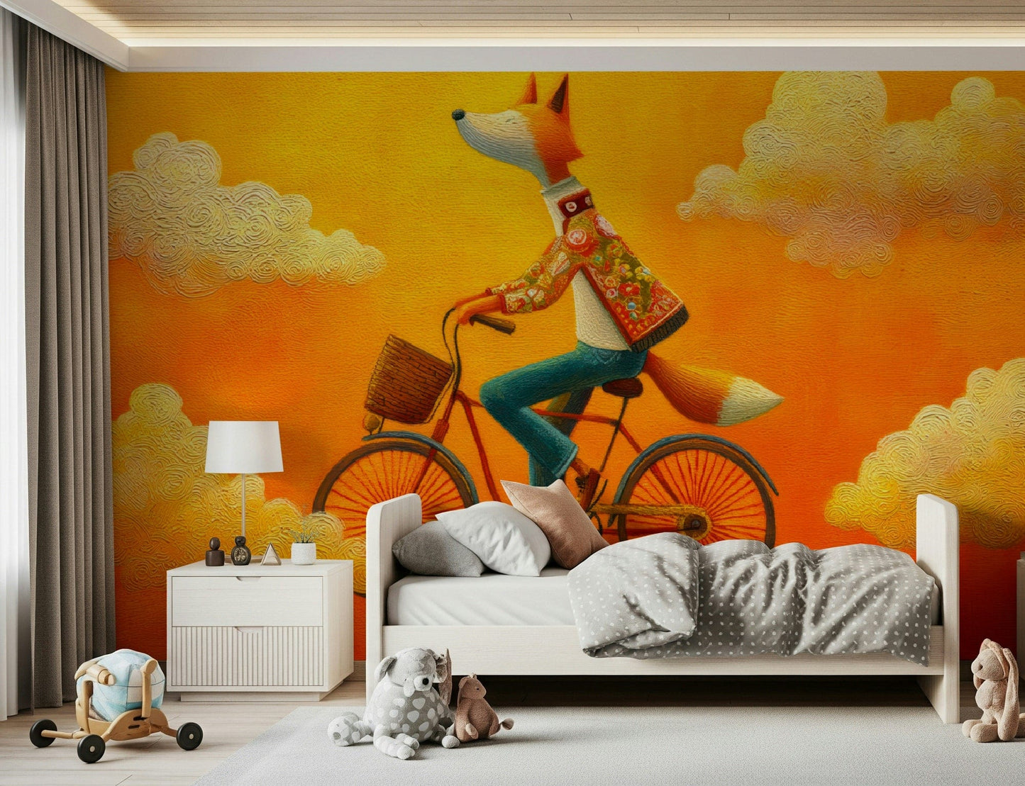 Soft cloud Kids bedroom give Fox's Autumnal Ride wall mural a child-friendly look