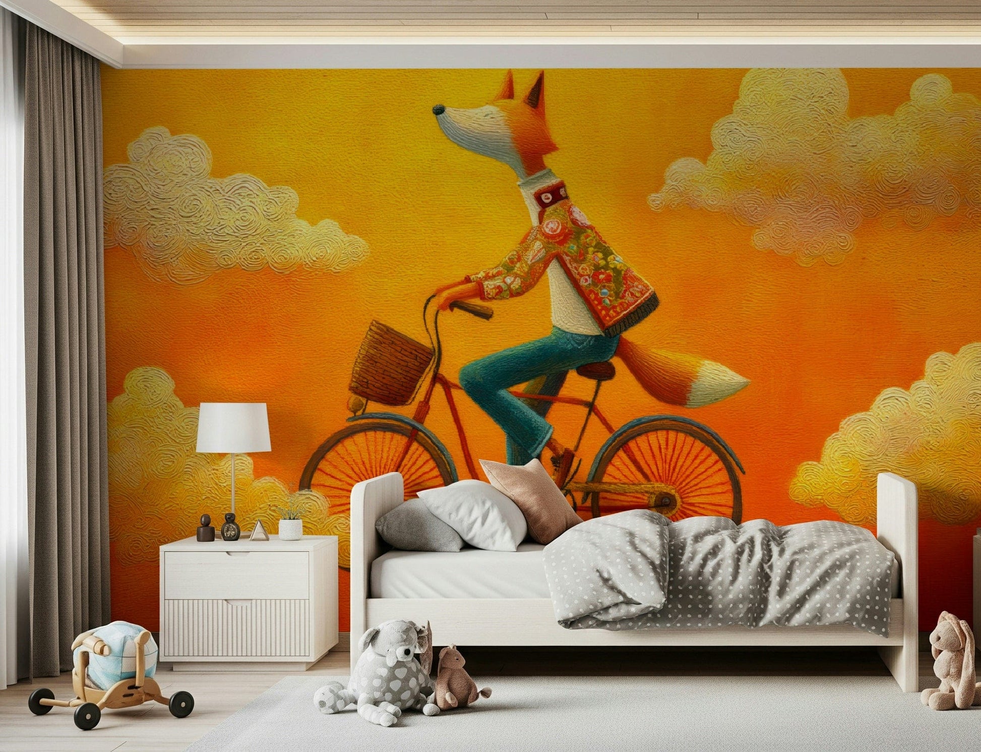 Soft cloud Kids bedroom give Fox's Autumnal Ride wall mural a child-friendly look