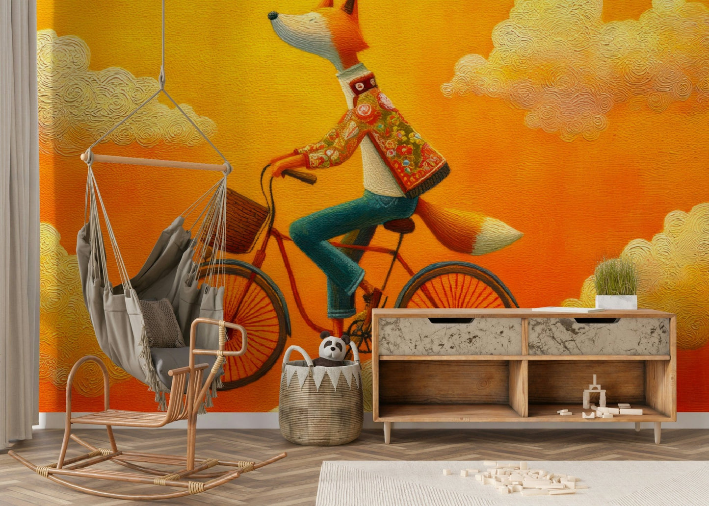 A cosy playroom feels brighter with Fox's Autumnal Ride wall mural in view