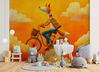 A storybook fox on wheels makes this nursery wall mural feel bright and warm