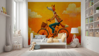 Fox's Autumnal Ride wall mural shows a smiling fox cycling through patterned clouds