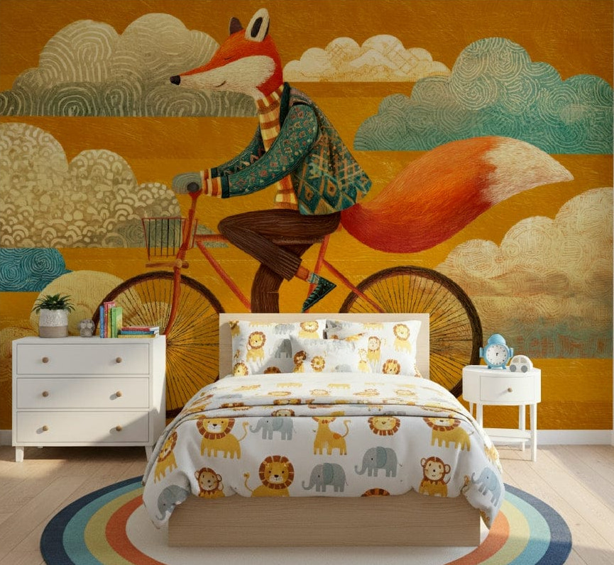Fox's Autumnal Ride wall mural adds a playful storybook feel for little ones