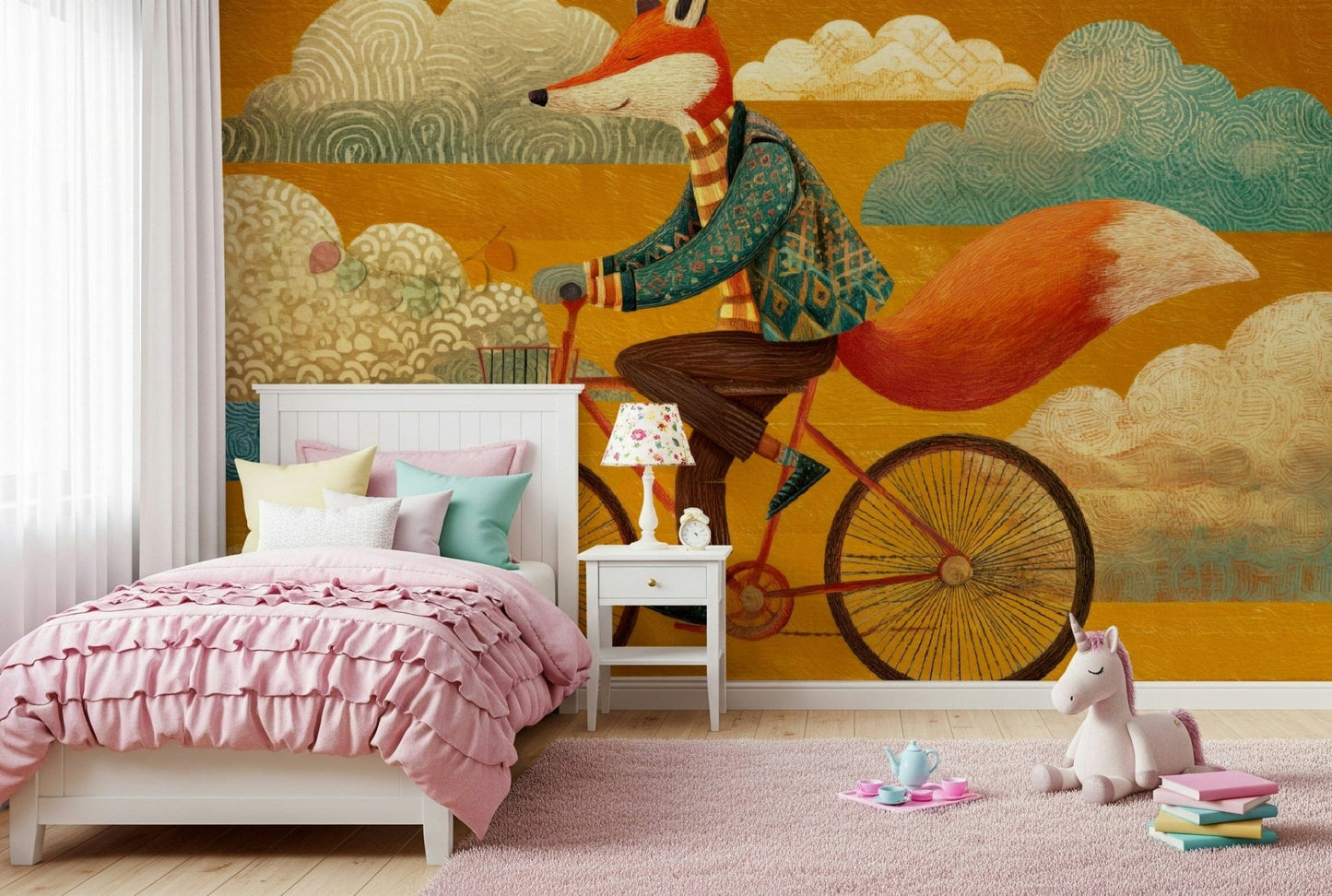 Fox's Autumnal Ride wall mural suits playful spaces with a light storybook mood