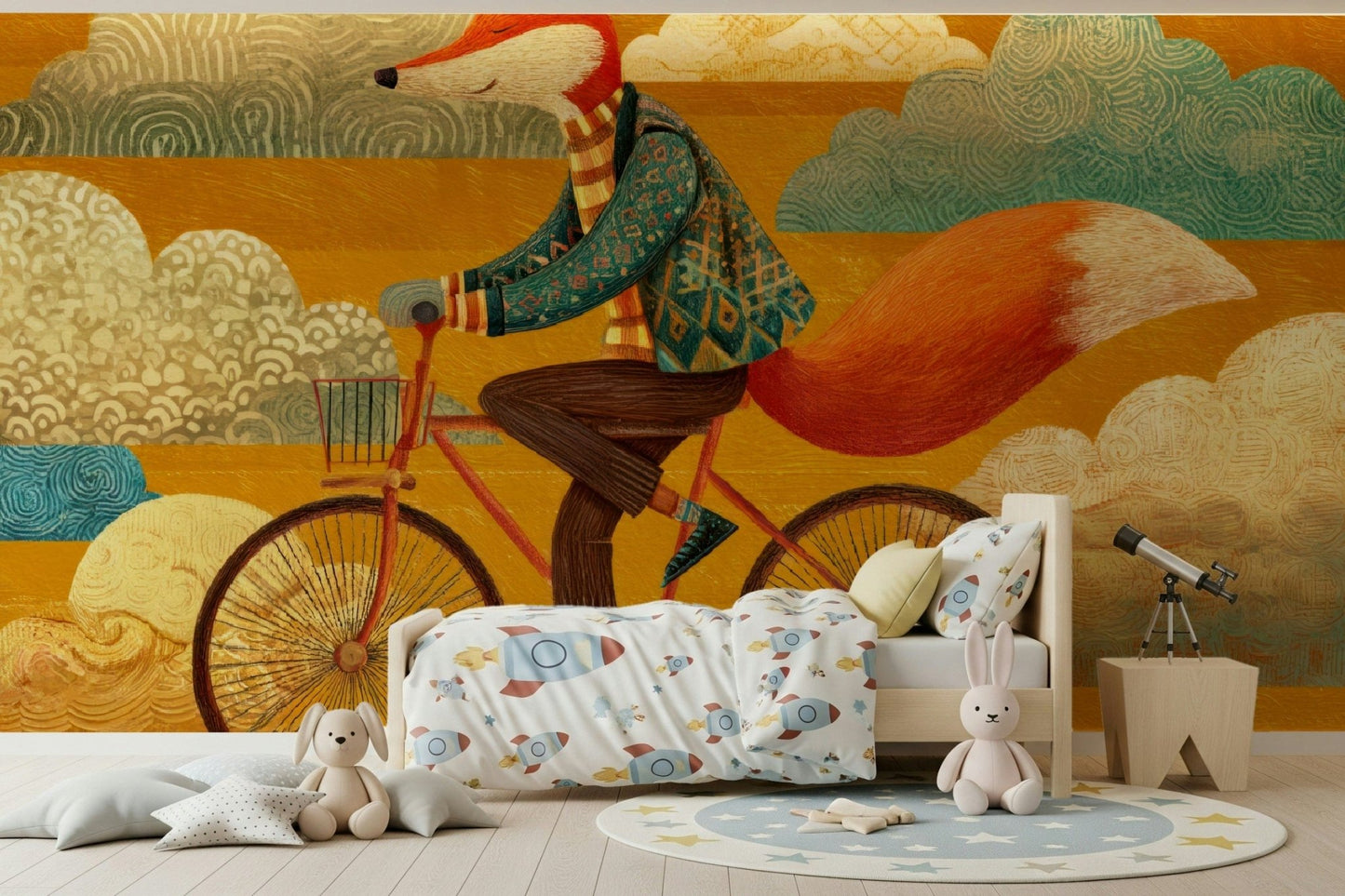 A smiling fox on a bicycle makes this wall mural feel bright and friendly