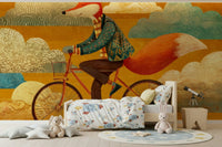 A smiling fox on a bicycle makes this wall mural feel bright and friendly