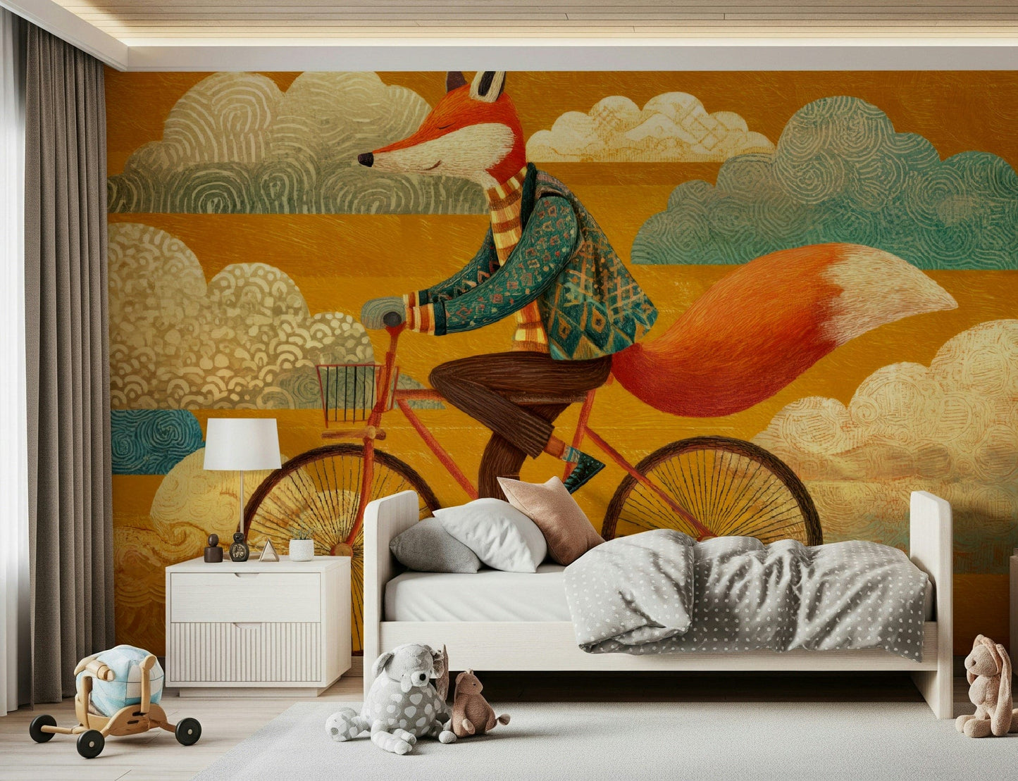 Warm cloud textures give Fox's Autumnal Ride wall mural a gentle kids' look