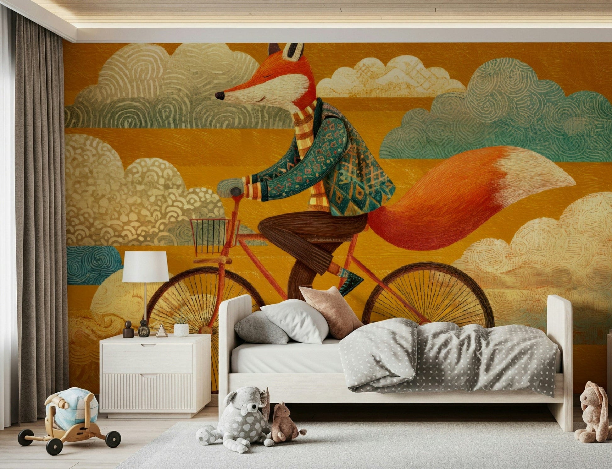 Warm cloud textures give Fox's Autumnal Ride wall mural a gentle kids' look