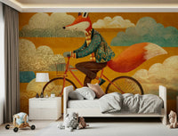 Warm cloud textures give Fox's Autumnal Ride wall mural a gentle kids' look