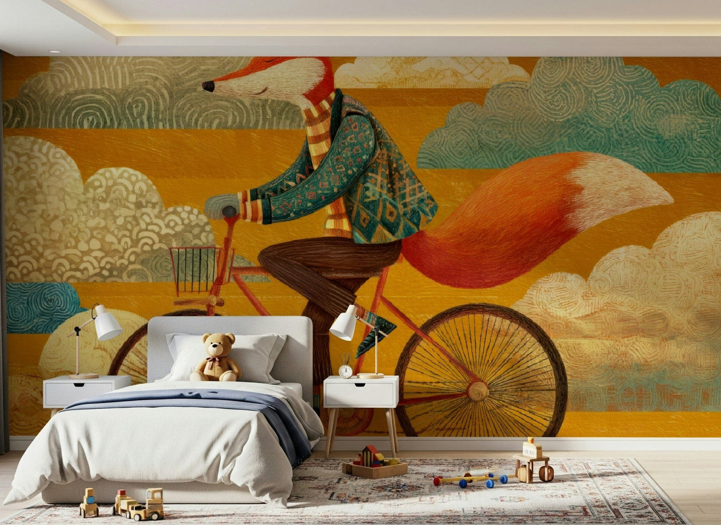 Fox's Autumnal Ride wall mural creates a happy backdrop for young imaginations