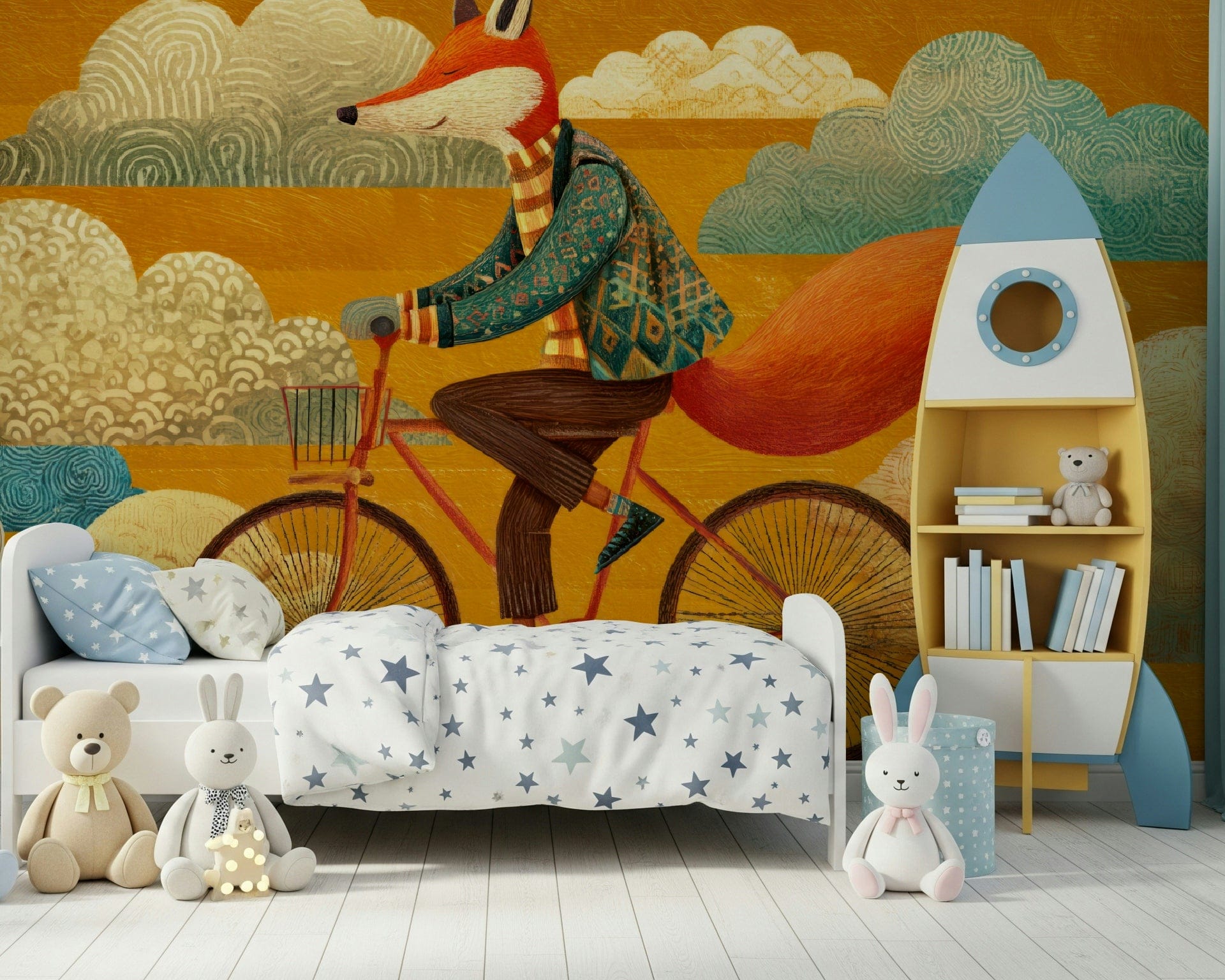 Golden tones and cloud shapes make this kids' wall mural feel cosy and fun