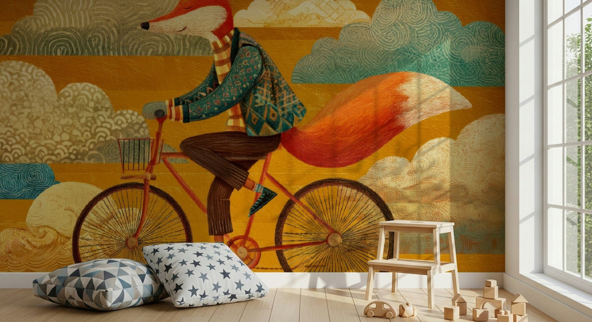 Fox's Autumnal Ride wall mural brings soft adventure to a playful child setting