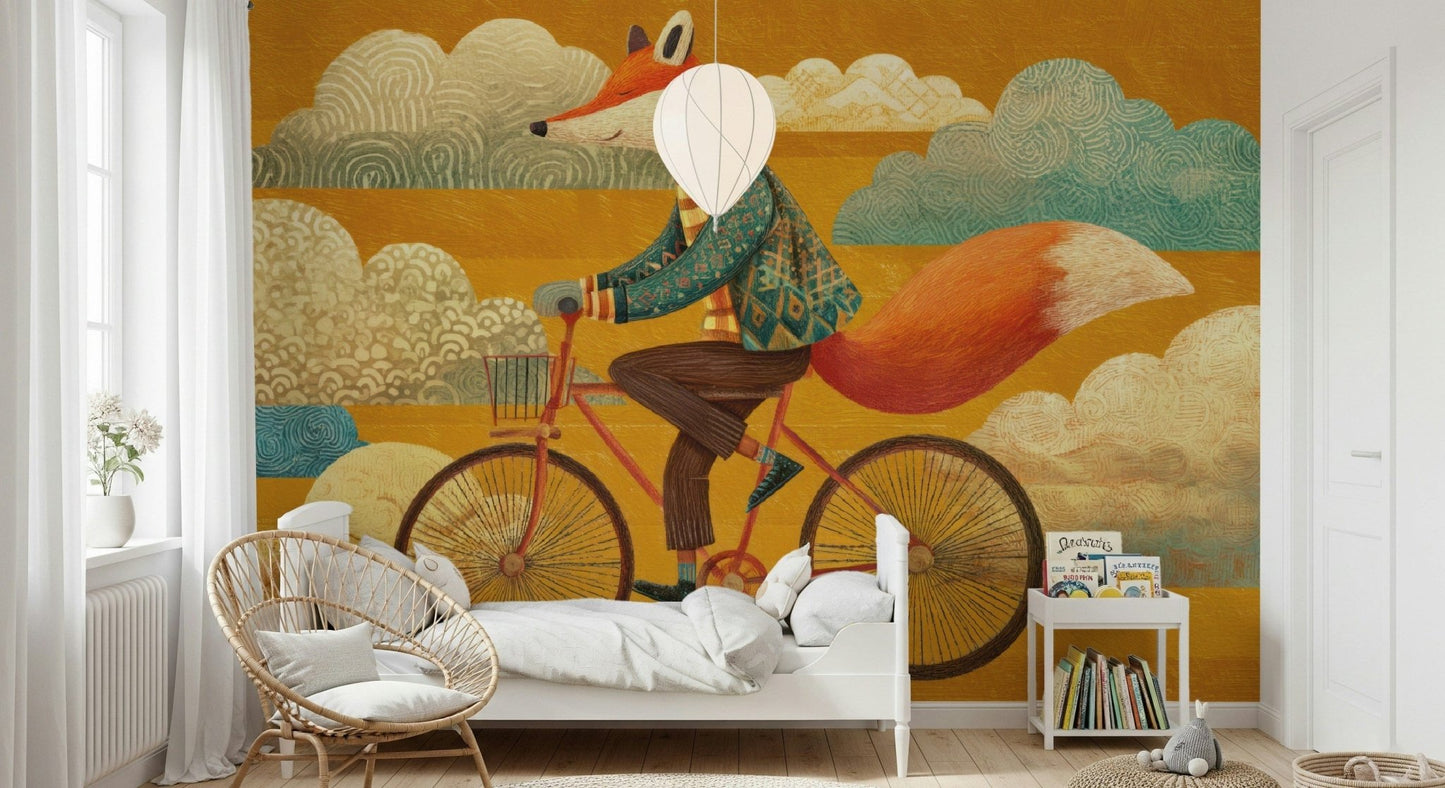 Fox's Autumnal Ride wall mural blends warmth and playfulness for little dreamers