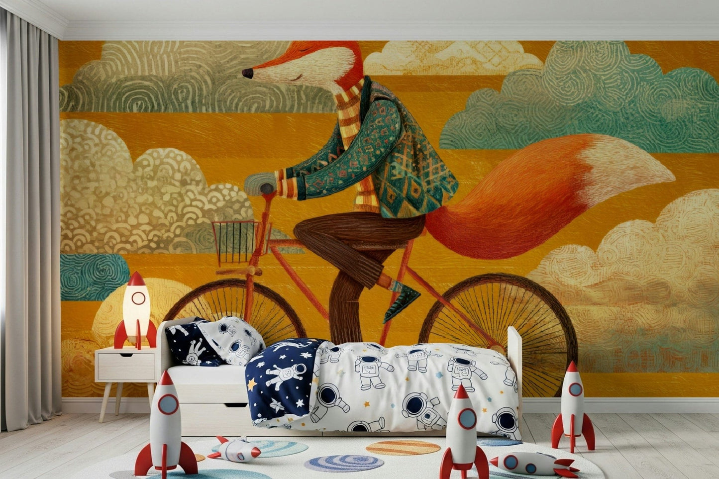 A whimsical fox journey gives this children's wall mural sweet visual movement