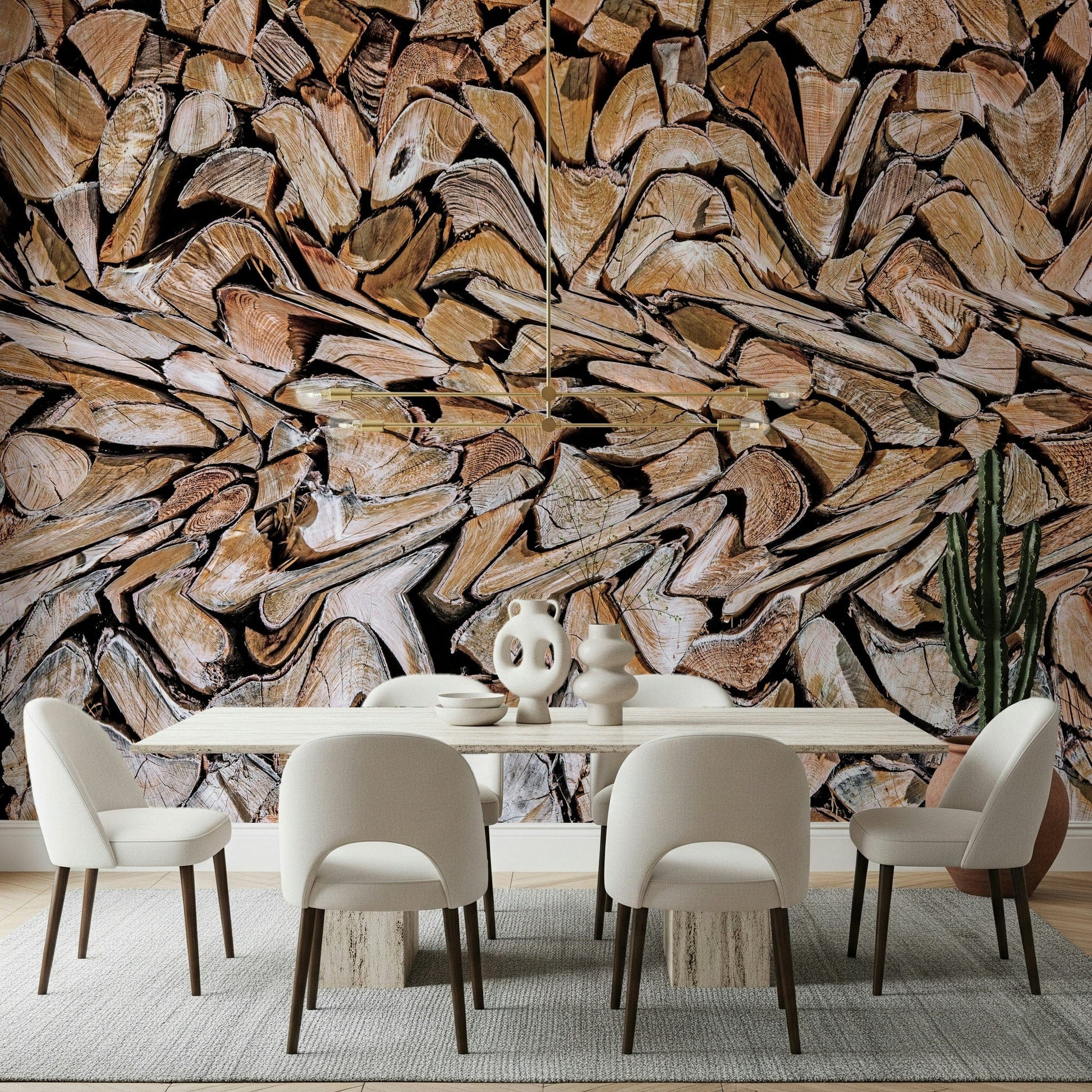 Minimalist dining area featuring the Fractured Timber Wall Mural.