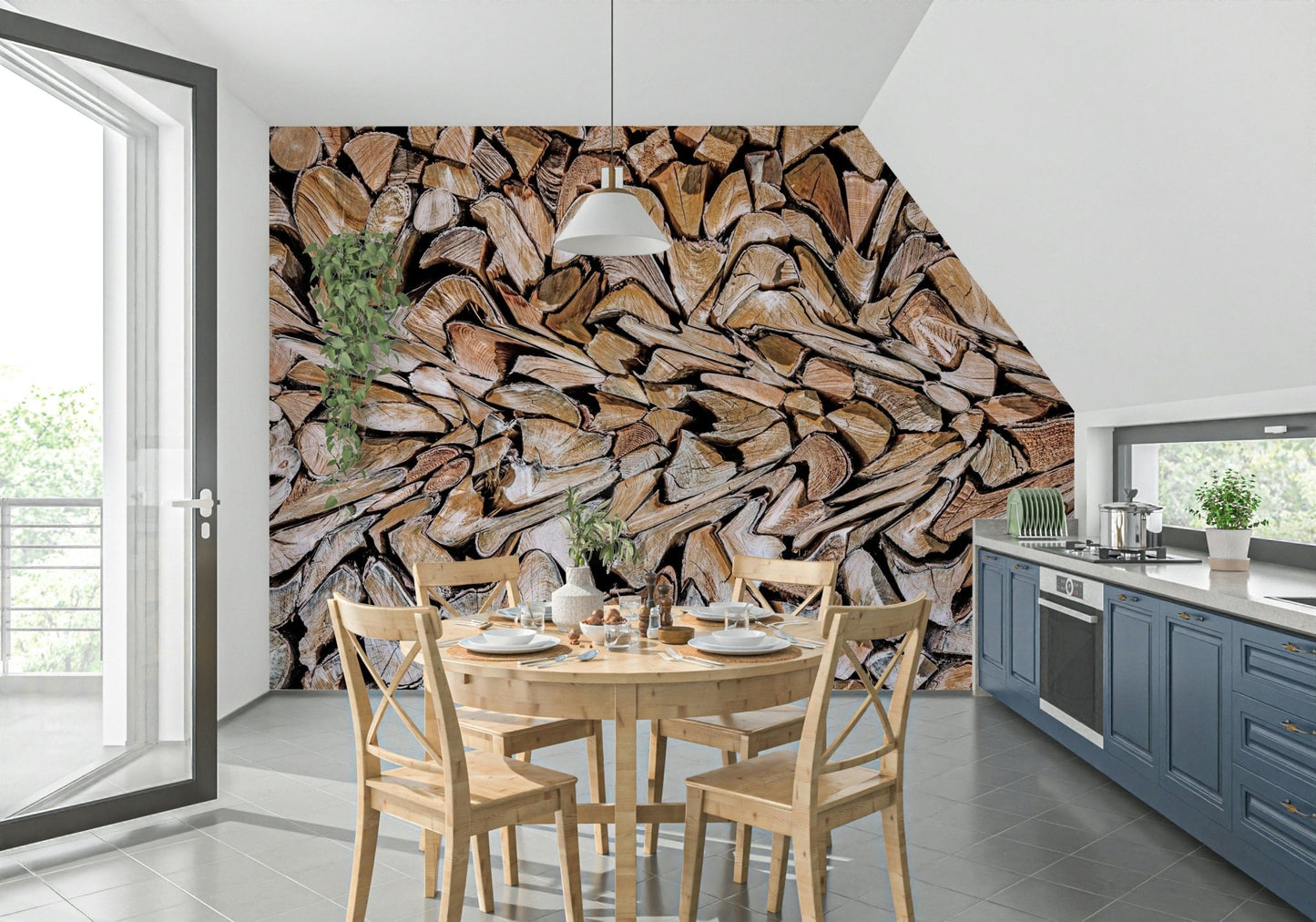 Rough-hewn look created by the Fractured Timber Wall Mural.