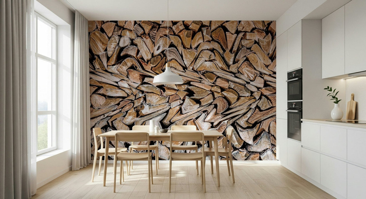 Accent wall featuring the dark lines of Fractured Timber Wall Mural.