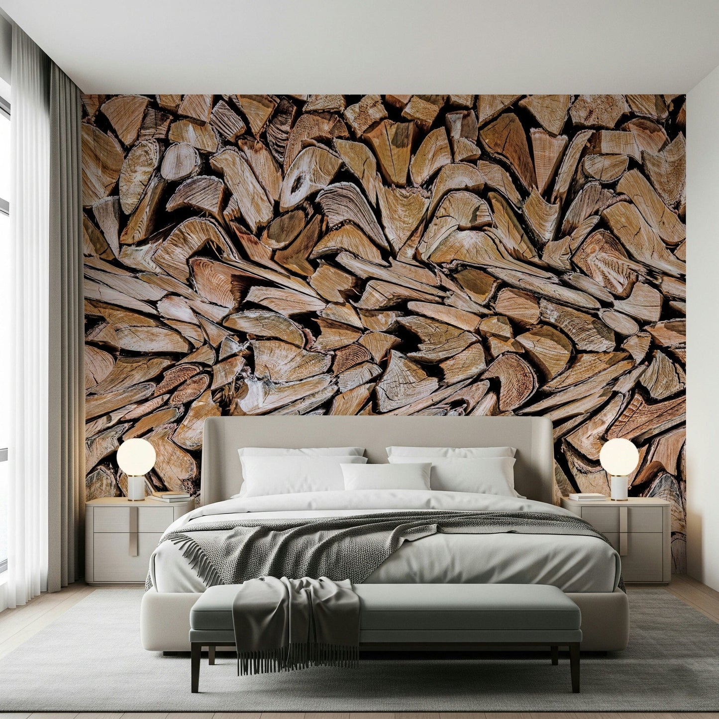 Fractured Timber Wall Mural in a modern rustic living room.