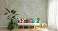 Fragile Elegance Wall Mural, delicate white skeletal leaves on gray.