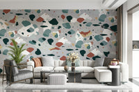 An artistic abstract block mural on minimalist wallpaper.