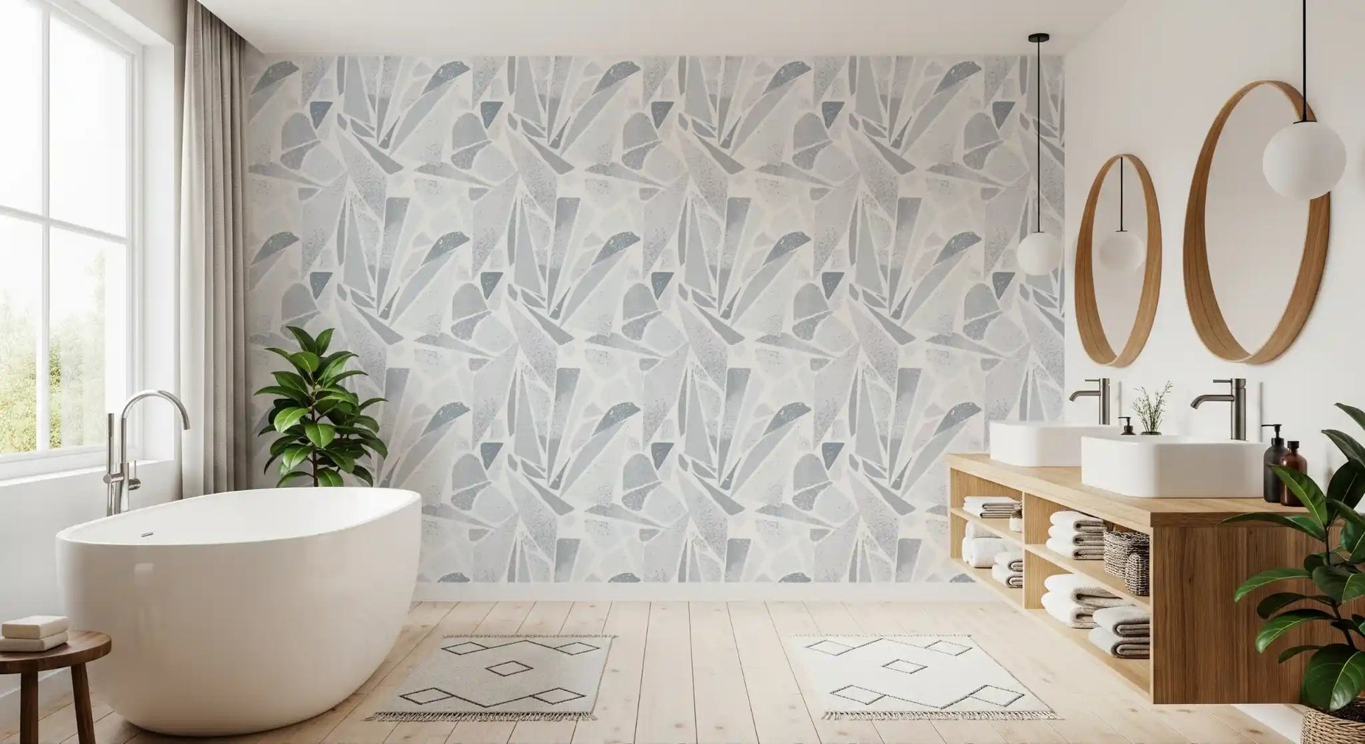 Neutral bathroom using this Fragmented Grey wallpaper⁠GD9514