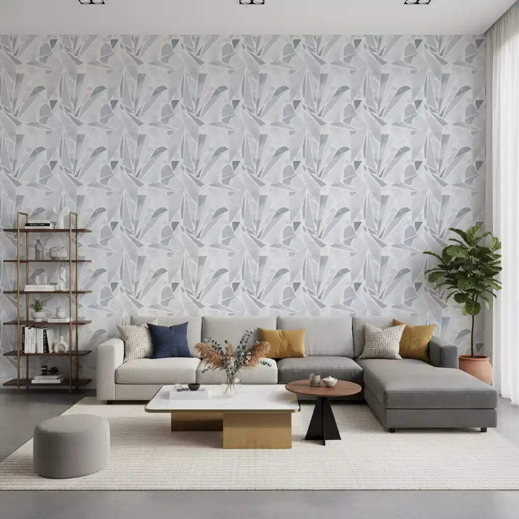 Fragmented grey patterns on a white wallpaper backgroundGD9514