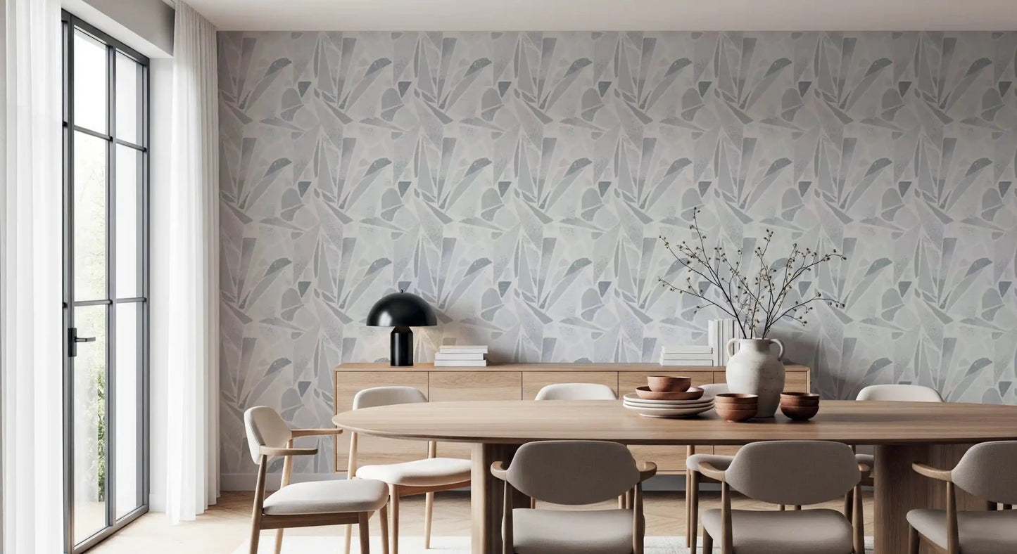 Minimalist Dining area decorated with this Fragmented Grey wallpaperGD9514