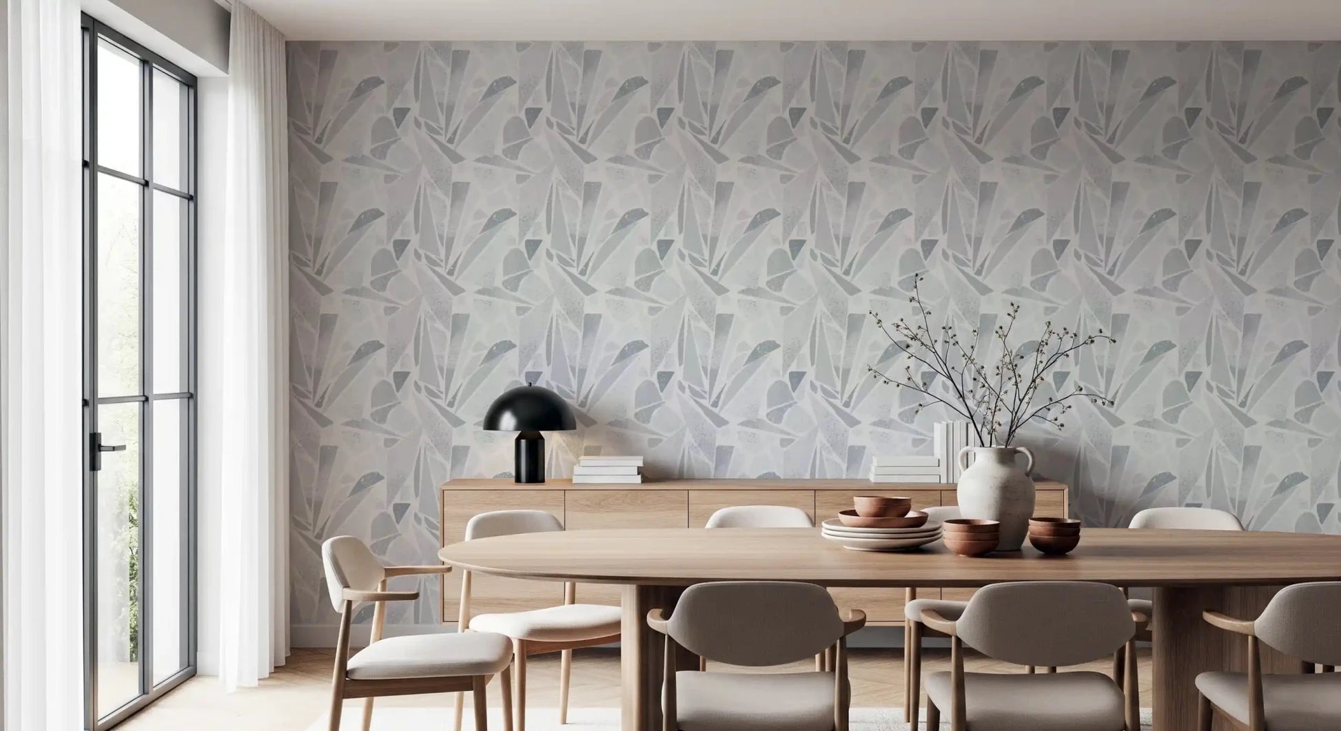 Minimalist Dining area decorated with this Fragmented Grey wallpaperGD9514