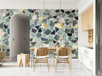 Shattered geometric Fragmented Harmony mural in blues and grays