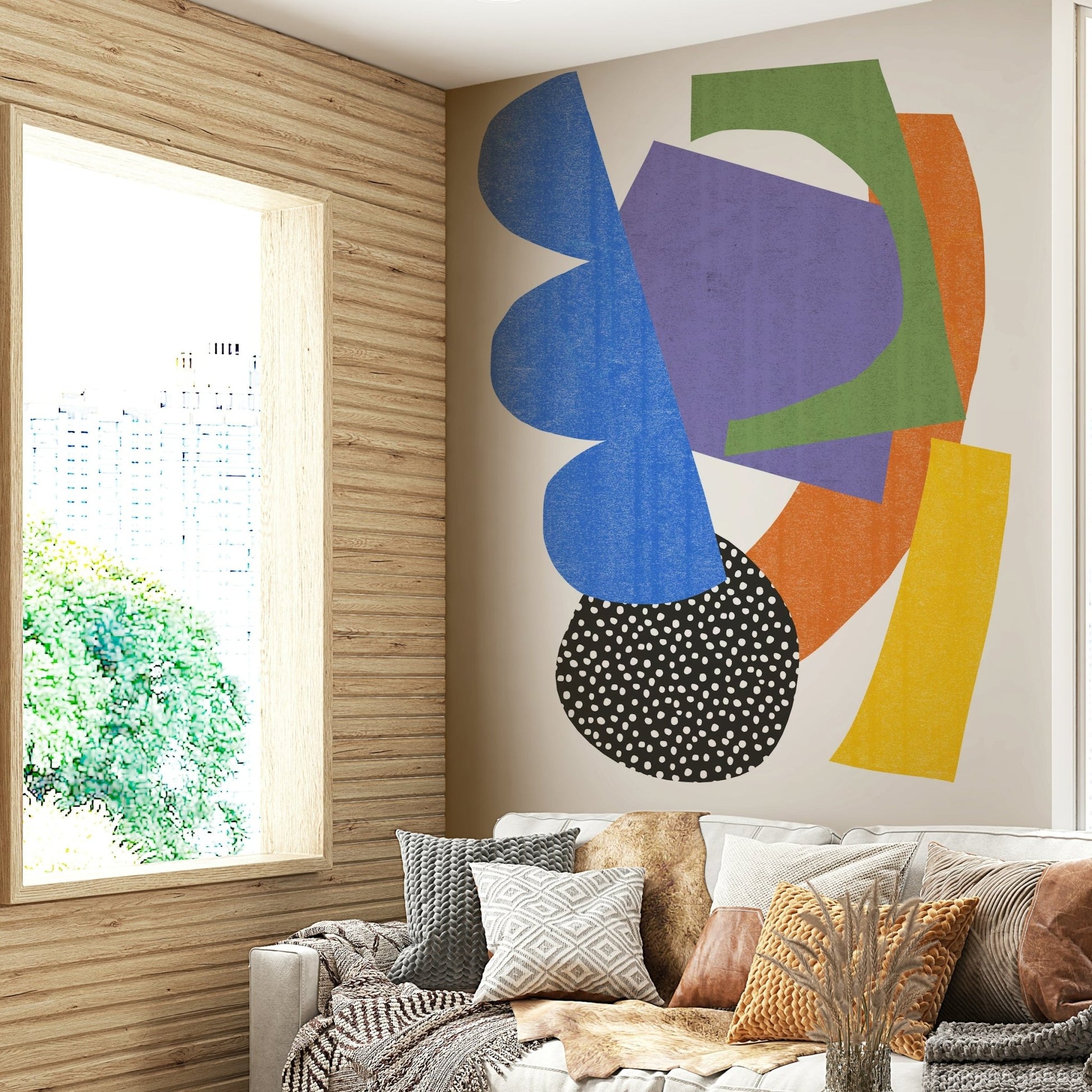 Abstract soft-shape design on neutral wall mural