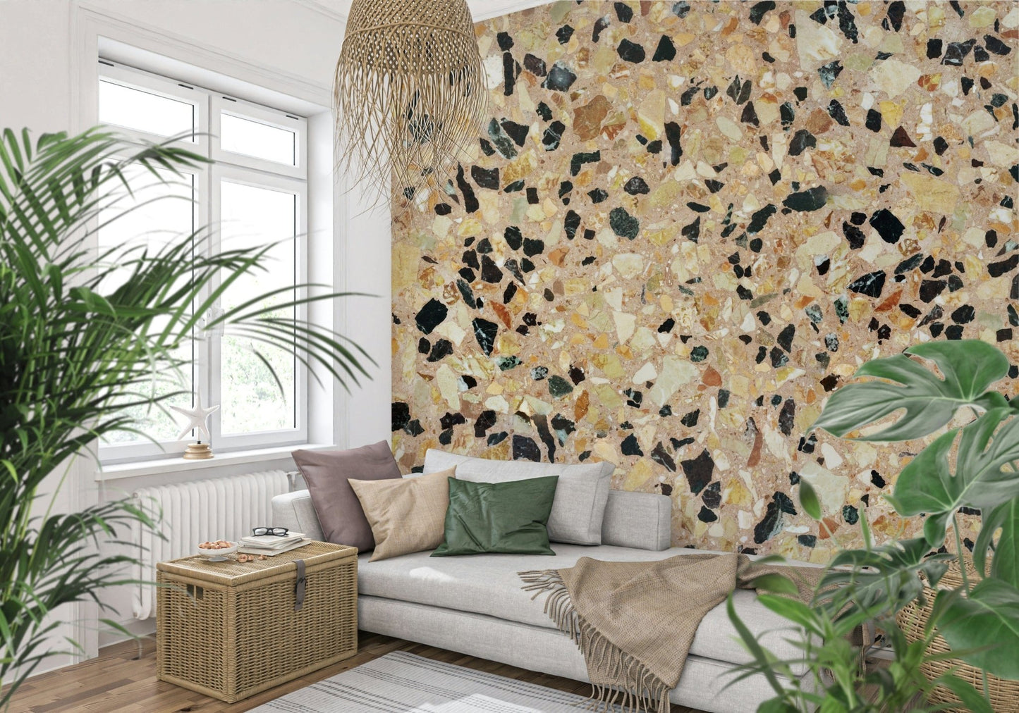 Stone Fragmented surface texture, warm color palette, high-resolution wall mural.