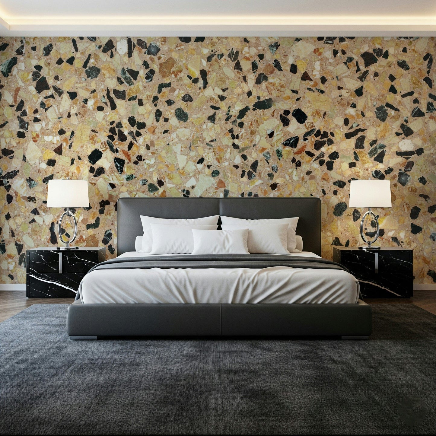 Natural look Mosaic Earth Stone wall treatment, varied irregular chips.