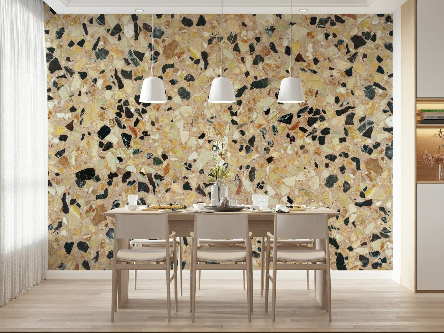 Mosaic Earth Stone wallpaper, speckled fragmented pattern, rich beige background.