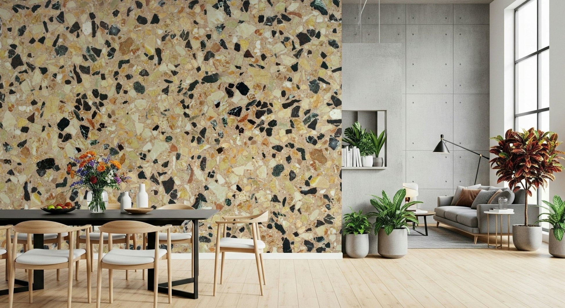 Interior design Earth Stone mosaic mural, detailed aggregate composition.