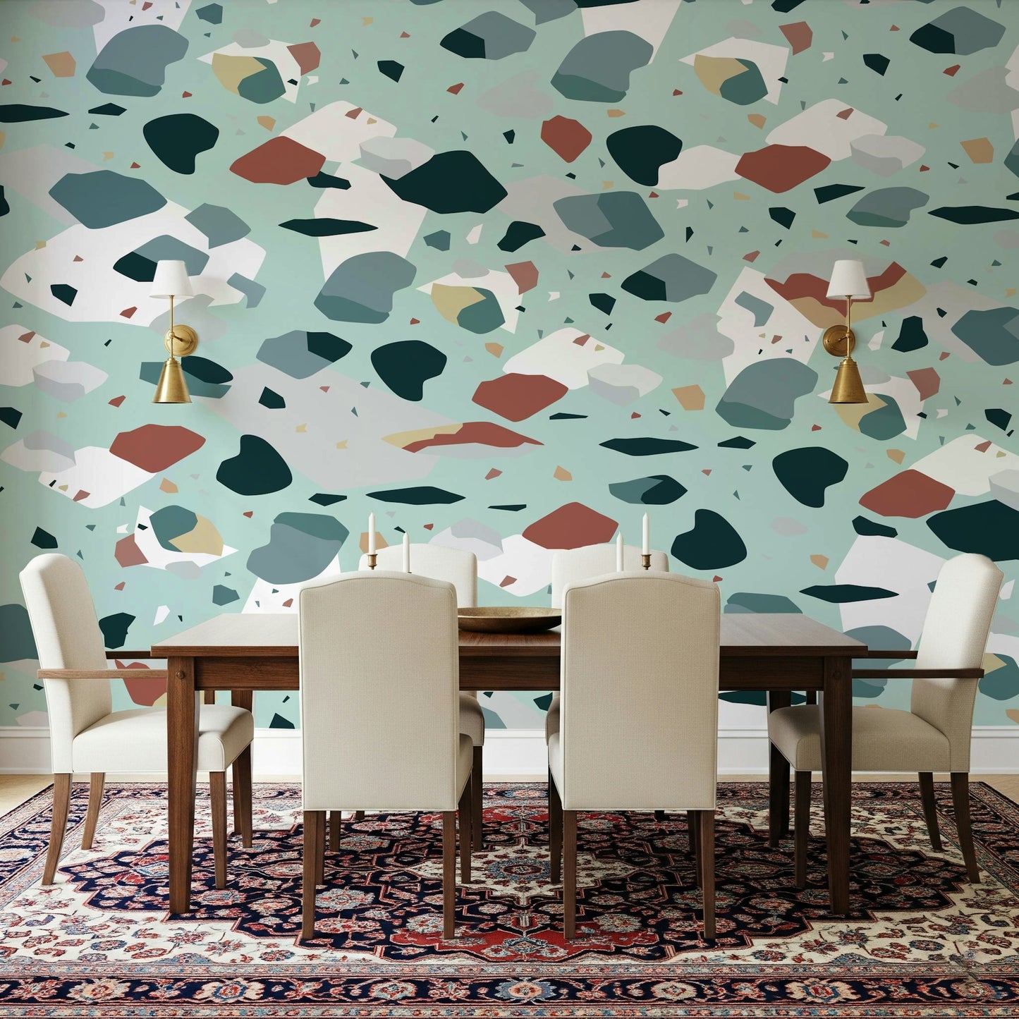 A peaceful geometric abstract mural on decorative wallpaper.