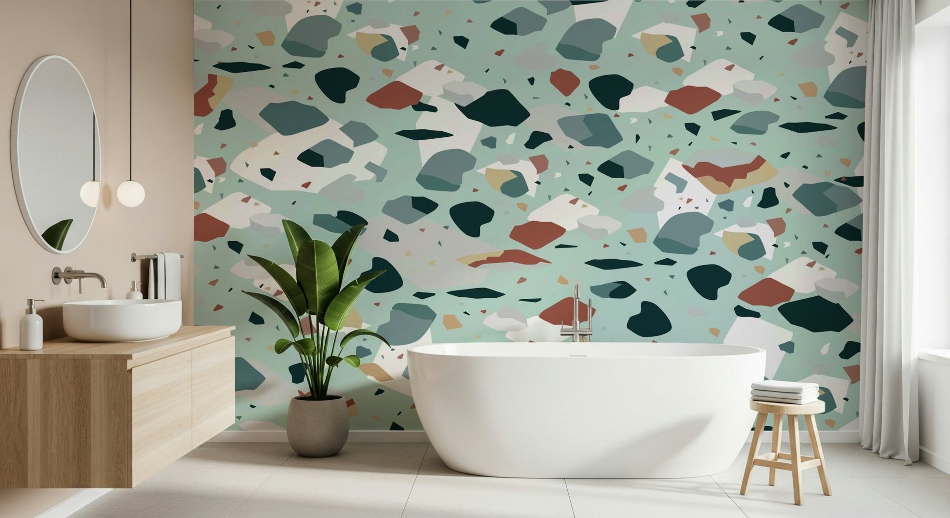 An artistic abstract shape mural on minimalist wallpaper.