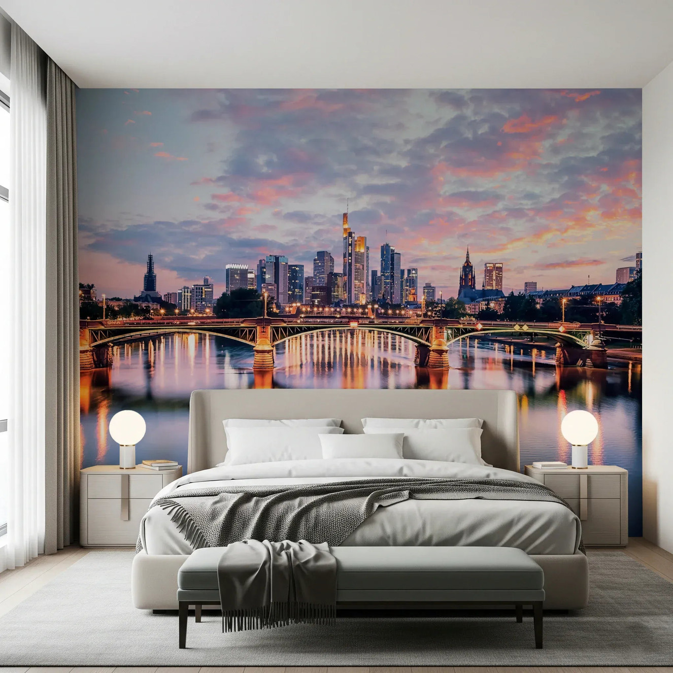 Bedroom minimalist beige Frankfurt skyline wallpaper wall mural accent wall