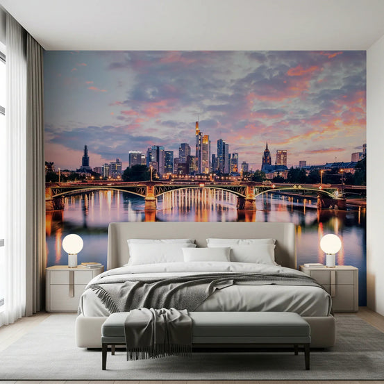 Bedroom minimalist beige Frankfurt skyline wallpaper wall mural accent wall, GD8042