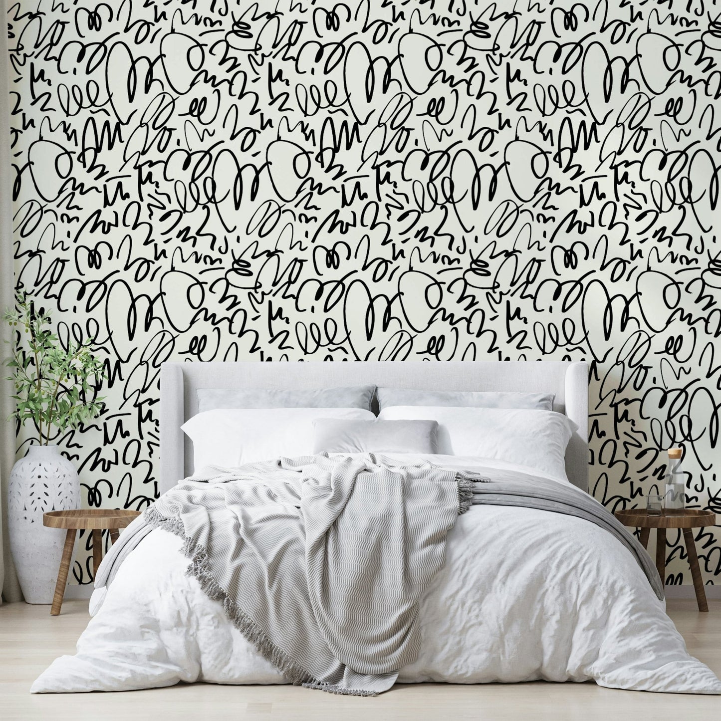 An interior with a fun and artistic accent wall

