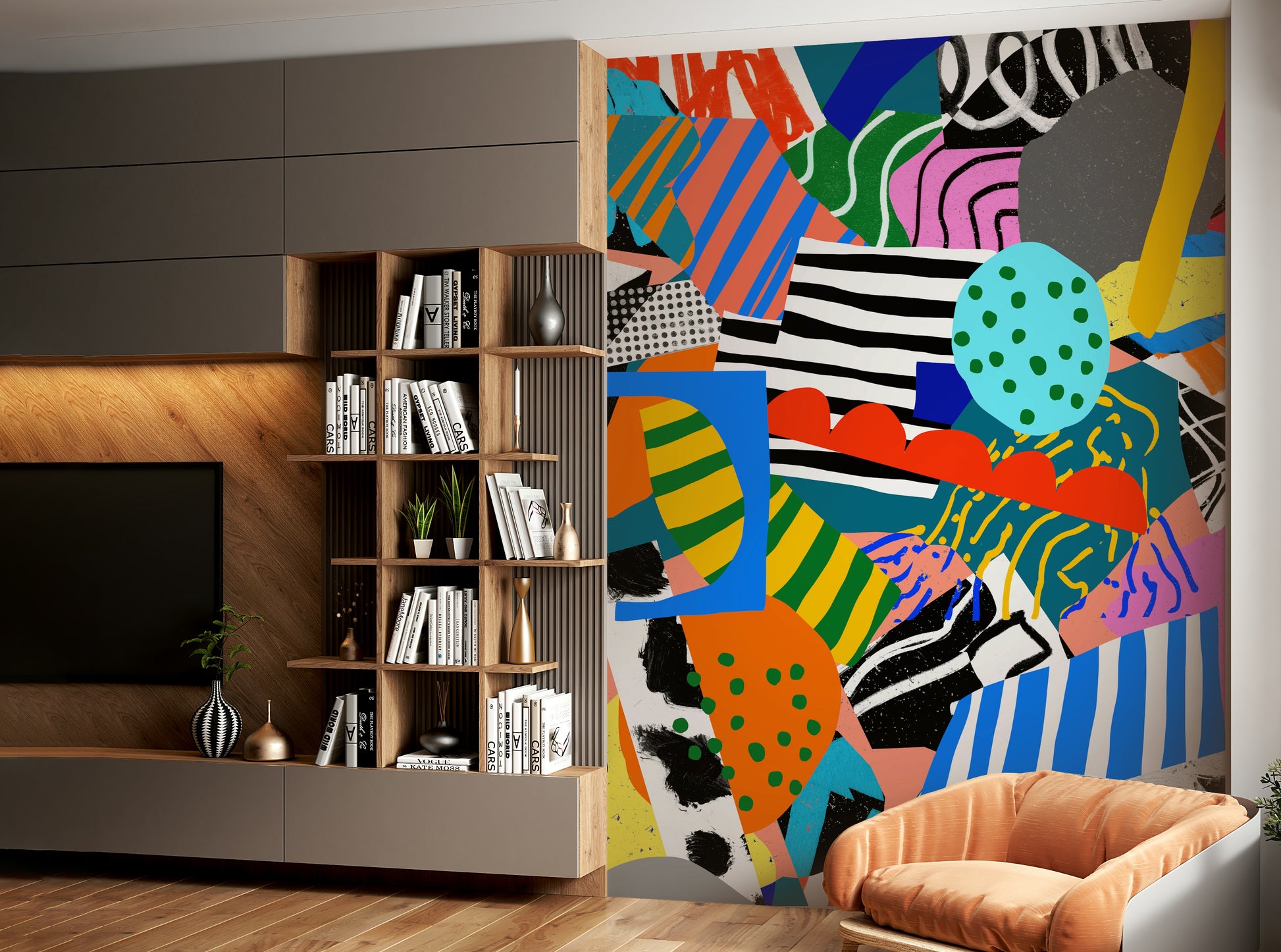 A peaceful modern abstract mural on decorative wallpaper.

