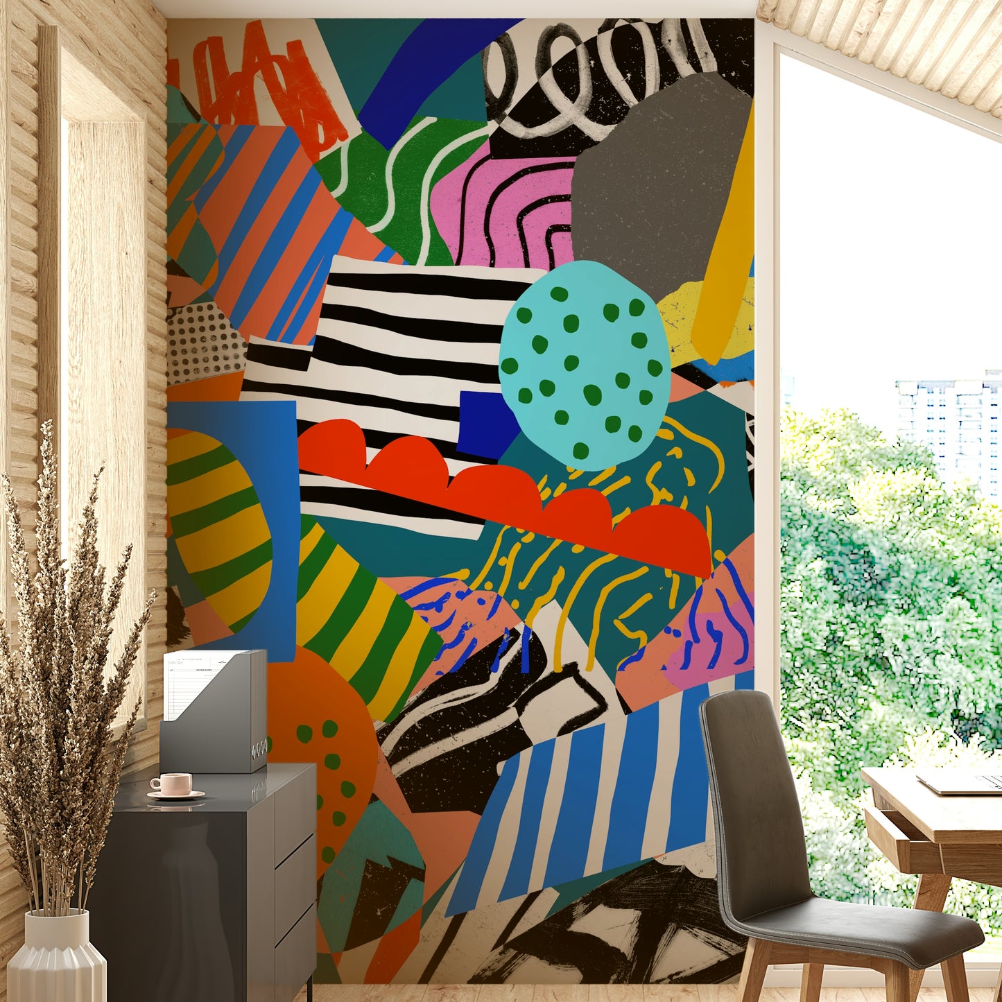 A graceful subtle energy wall mural in cool, natural tones.

