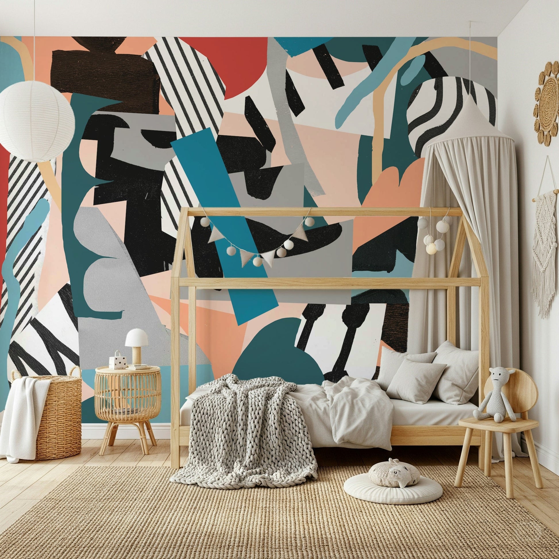 A peaceful modern abstract mural on decorative wallpaper.