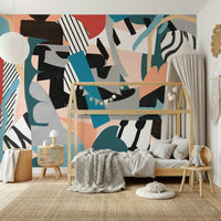 A peaceful modern abstract mural on decorative wallpaper.