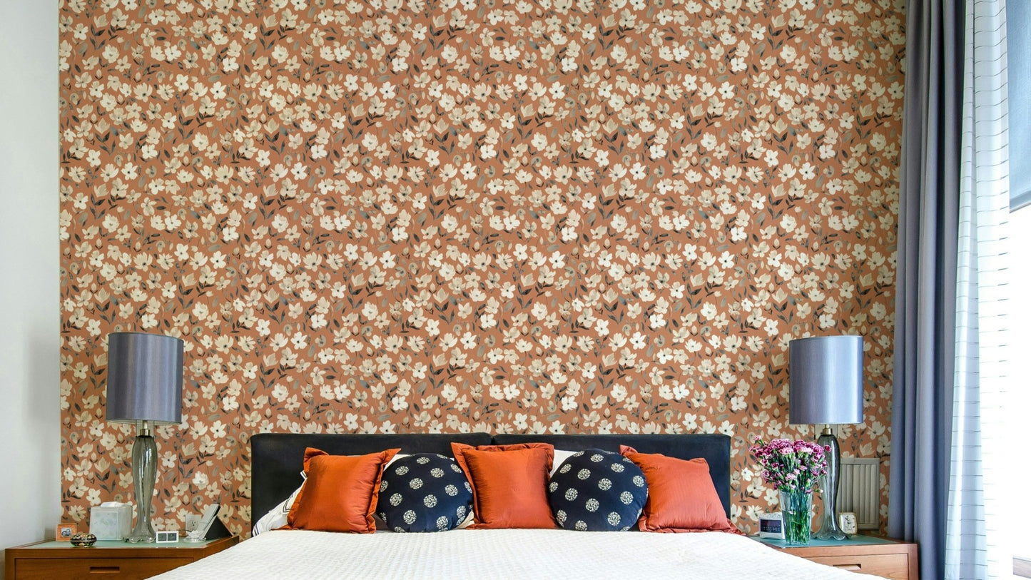 Terracotta floral wall mural

