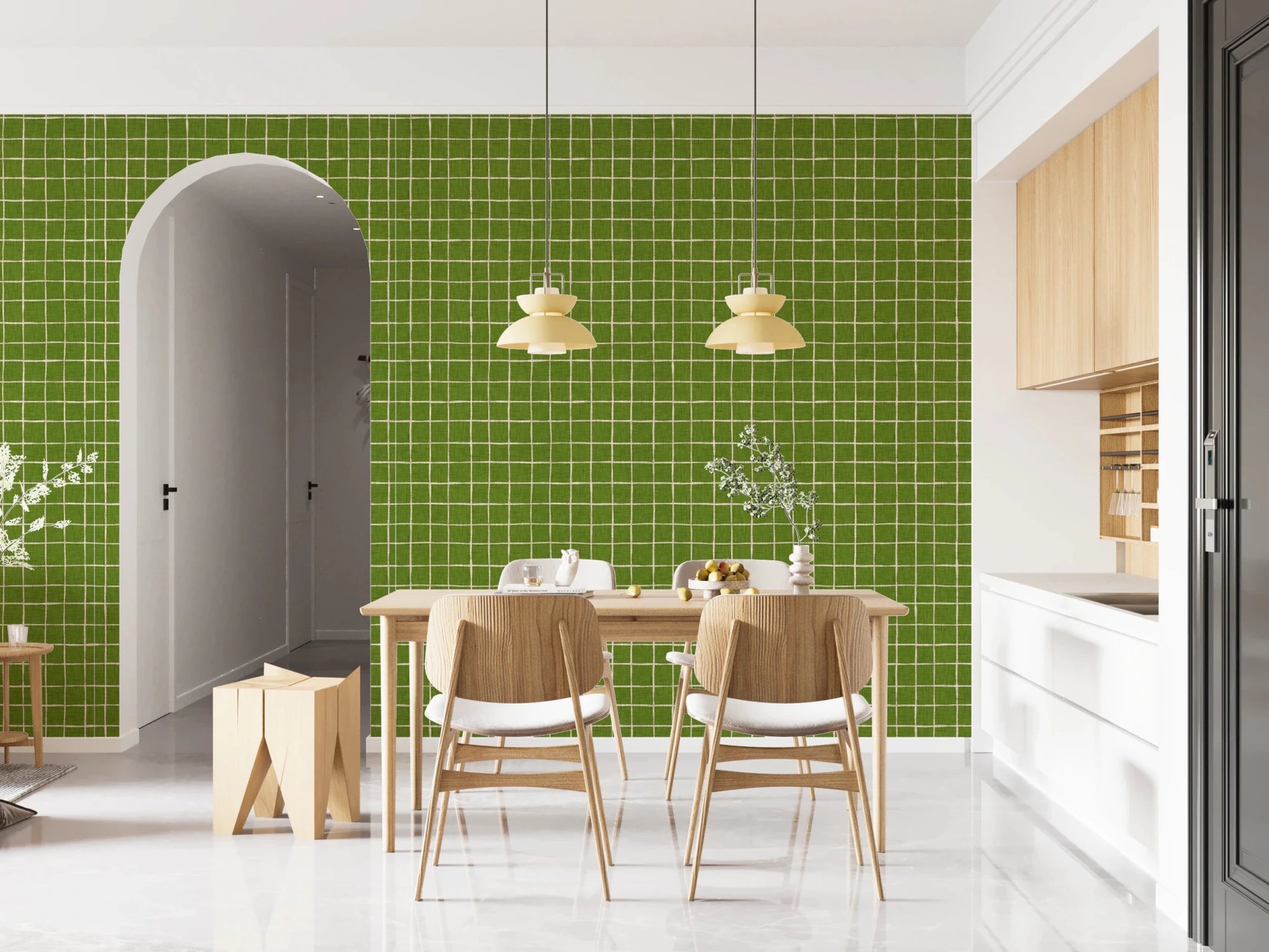 Earthy green check wallpaper with woven texture.