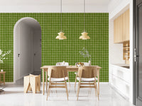 Earthy green check wallpaper with woven texture.