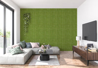 Leaf green check wallpaper with thin white lines.