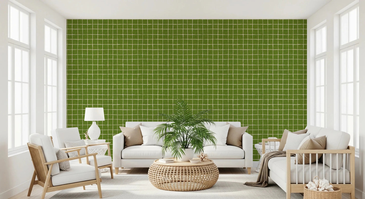 Vibrant green linen check wallpaper with fine grid.