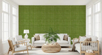 Vibrant green linen check wallpaper with fine grid.